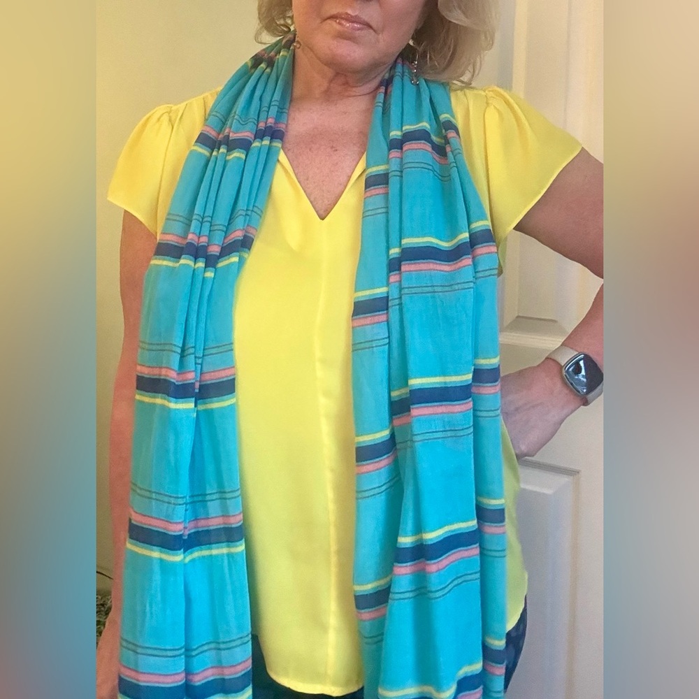Long fashion striped scarf with fringe - teal, navy, yellow, salmon, green - Picture 10 of 11